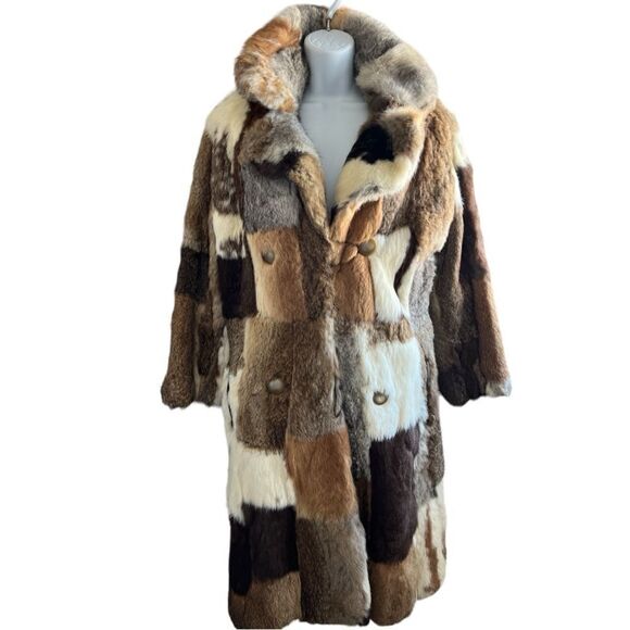 Donald Brooks Vintage 1970s  Patchwork Rabbit Fur Coat with Bell Sleeves Size M - Picture 1 of 10